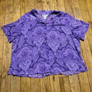 Kari New York Purple Paisley Print Button Up Blouse Short Sleeve Plus Size 24W